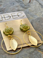 Load image into Gallery viewer, Olive green Czech glass flower earrings with hoop charms
