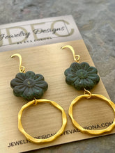 Load image into Gallery viewer, Dark green Czech glass flower earrings
