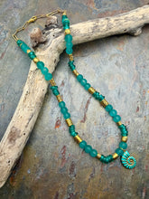 Load image into Gallery viewer, Ammonite Pendant Necklace with Frosted Glass and Fair Trade African Recycled Glass Beads
