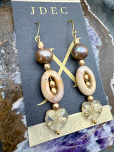 Load image into Gallery viewer, Freshwater Pearl and Agate Earrings with Czech Glass Leaves
