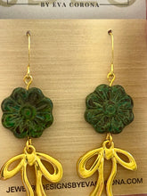 Load image into Gallery viewer, Dark green Czech glass flower statement earrings with bow charms
