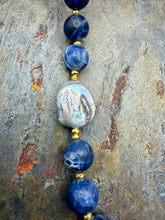 Load image into Gallery viewer, Sodalite Stone Beaded Asymmetrical Necklace with Freshwater Pearl Focal
