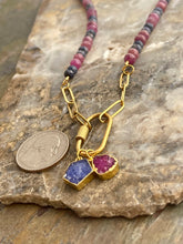 Load image into Gallery viewer, Premium Ruby and Sapphire carabiner necklace with two petite gemstone pendants
