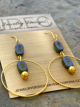 Load image into Gallery viewer, Blue Czech glass earrings with hoop charms
