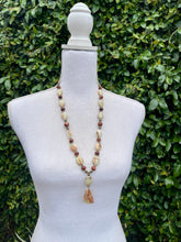 Load image into Gallery viewer, Green Onyx and Goldstone jewelry set with Chalcedony stone pendant
