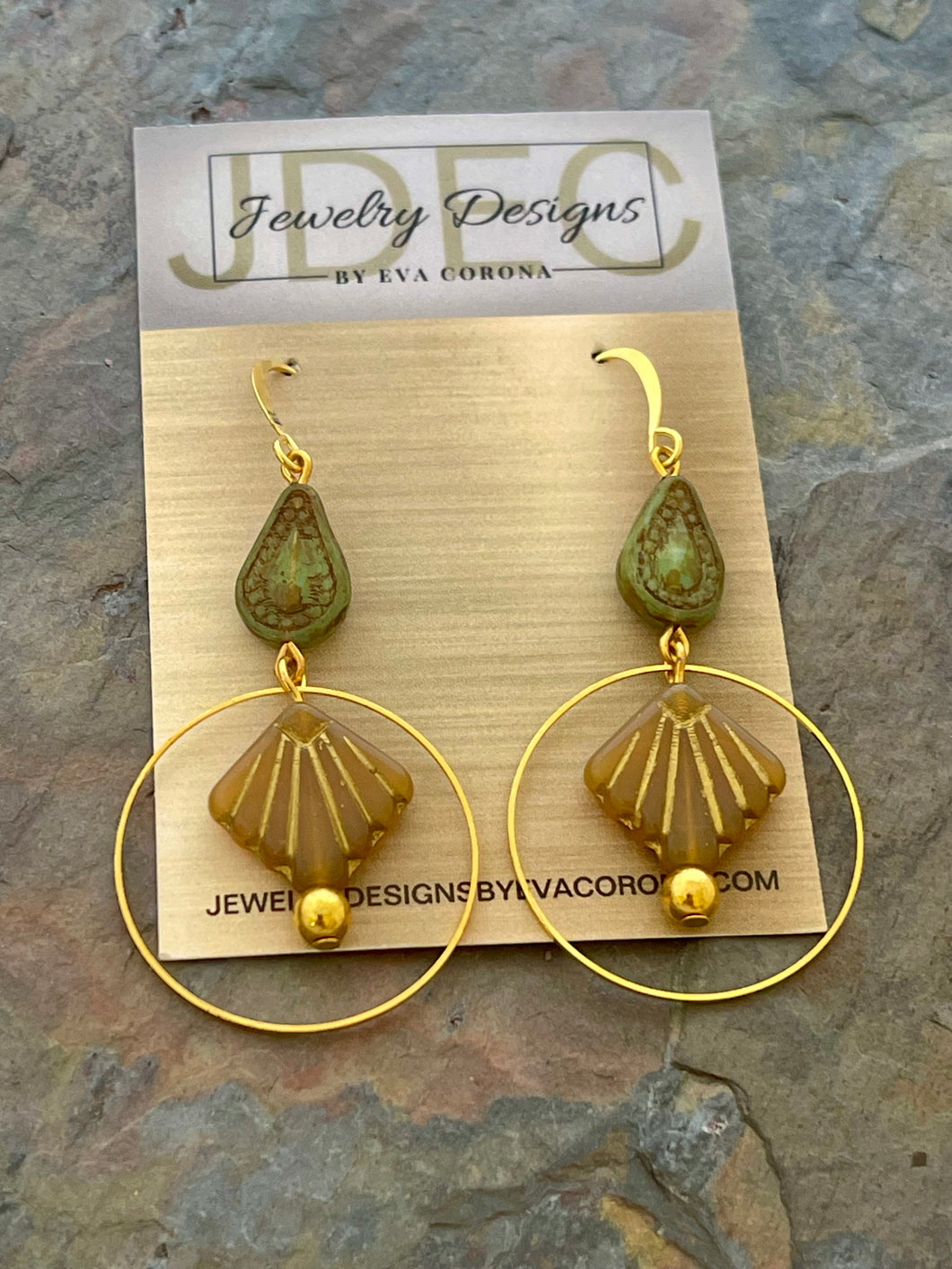 Czech glass Art Deco inspired earrings with hoop charms