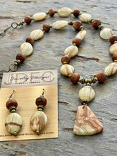 Load image into Gallery viewer, Green Onyx and Goldstone jewelry set with Chalcedony stone pendant
