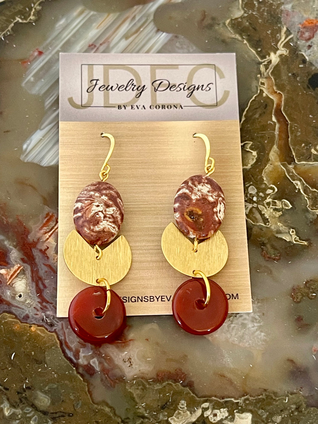Red Jasper and Agate earrings with brass charms