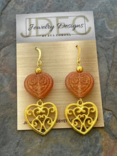 Load image into Gallery viewer, Red and gold Czech glass heart statement earrings with large heart charms
