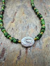 Load image into Gallery viewer, Ruby Zoisite Stone Beaded Necklace with Freshwater Pearl Focal
