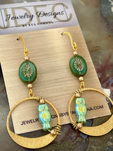 Load image into Gallery viewer, Czech Glass earrings with wire wrapped Owl beads
