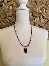 Load image into Gallery viewer, Fluorite Beaded Necklace with Heart Shaped Amethyst Pendant
