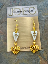 Load image into Gallery viewer, White Czech glass heart earrings with small heart charms
