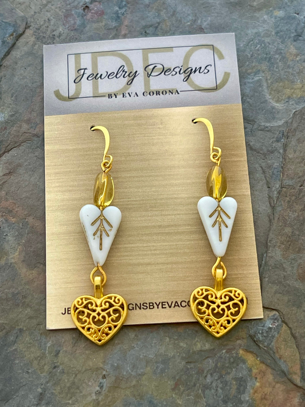White Czech glass heart earrings with small heart charms