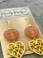 Load image into Gallery viewer, Red and gold Czech glass heart statement earrings with large heart charms
