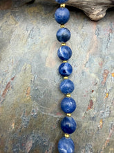 Load image into Gallery viewer, Sodalite Stone Beaded Asymmetrical Necklace with Freshwater Pearl Focal
