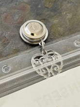 Load image into Gallery viewer, Silver tone Best Life Ever magnetic convention badge holder with large filigree heart charm
