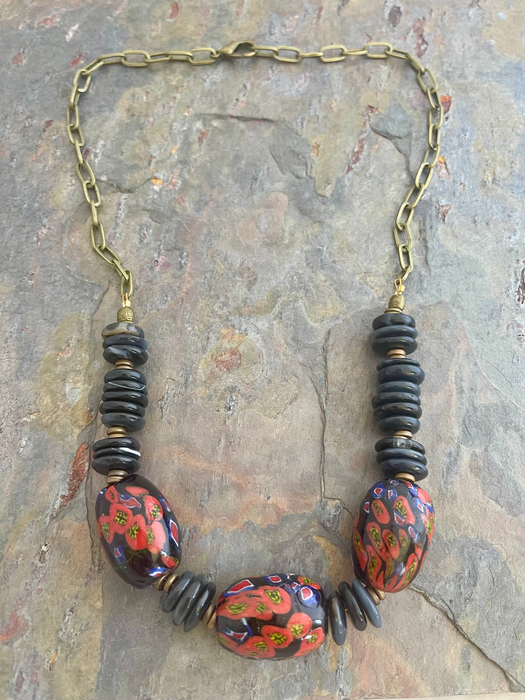 Black Agate stone statement necklace with large Millefiori glass beads