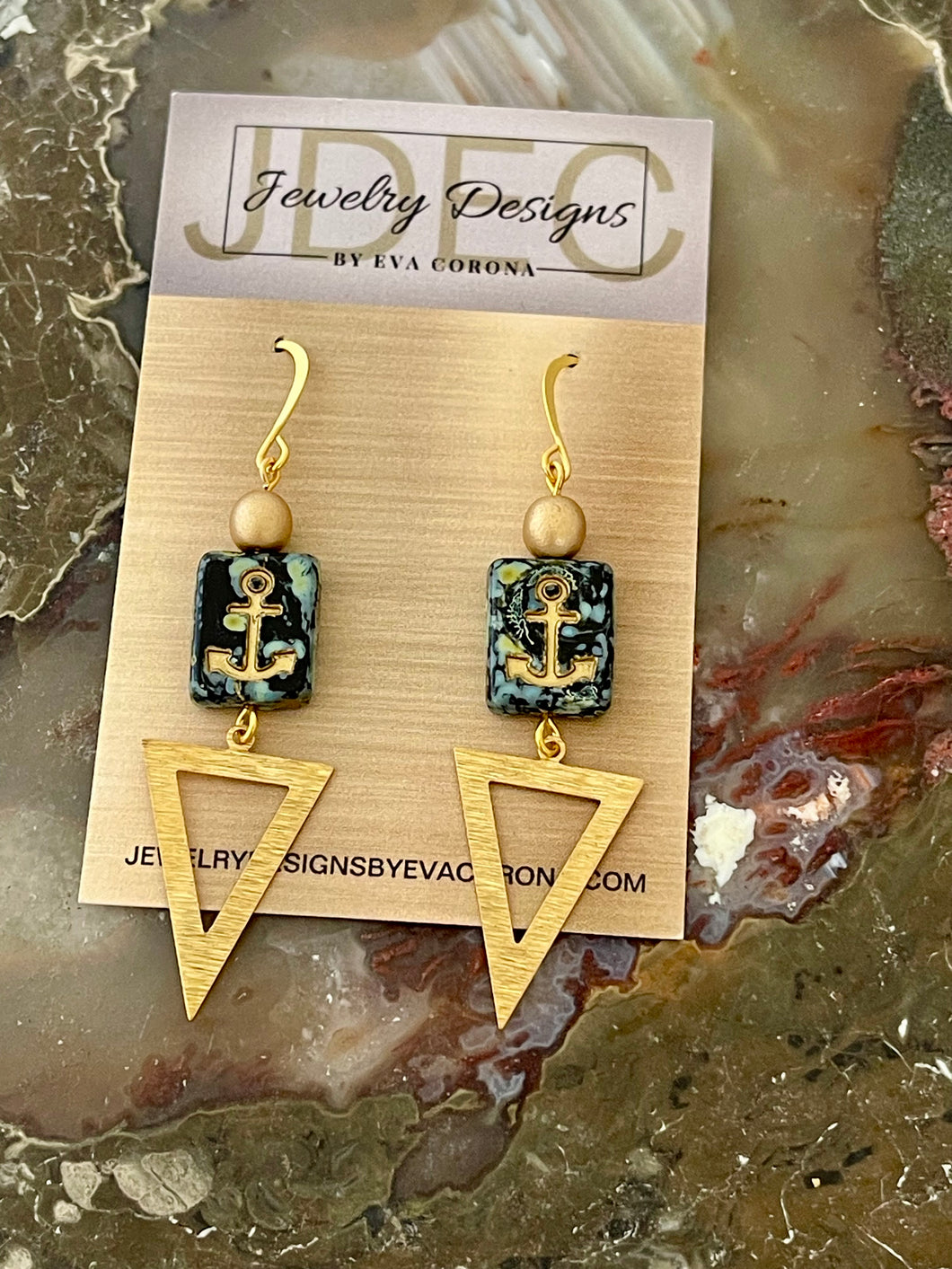 Czech Glass anchor earrings with brass charms