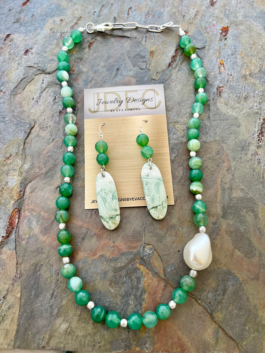 Green Botswana Agate and Saturn Chalcedony stone Jewelry Set