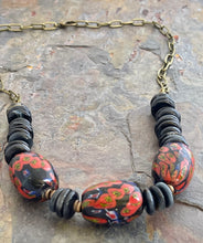 Load image into Gallery viewer, Black Agate stone statement necklace with large Millefiori glass beads
