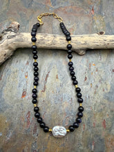 Load image into Gallery viewer, Blue Goldstone Stone Beaded Necklace with Freshwater Pearl Focal
