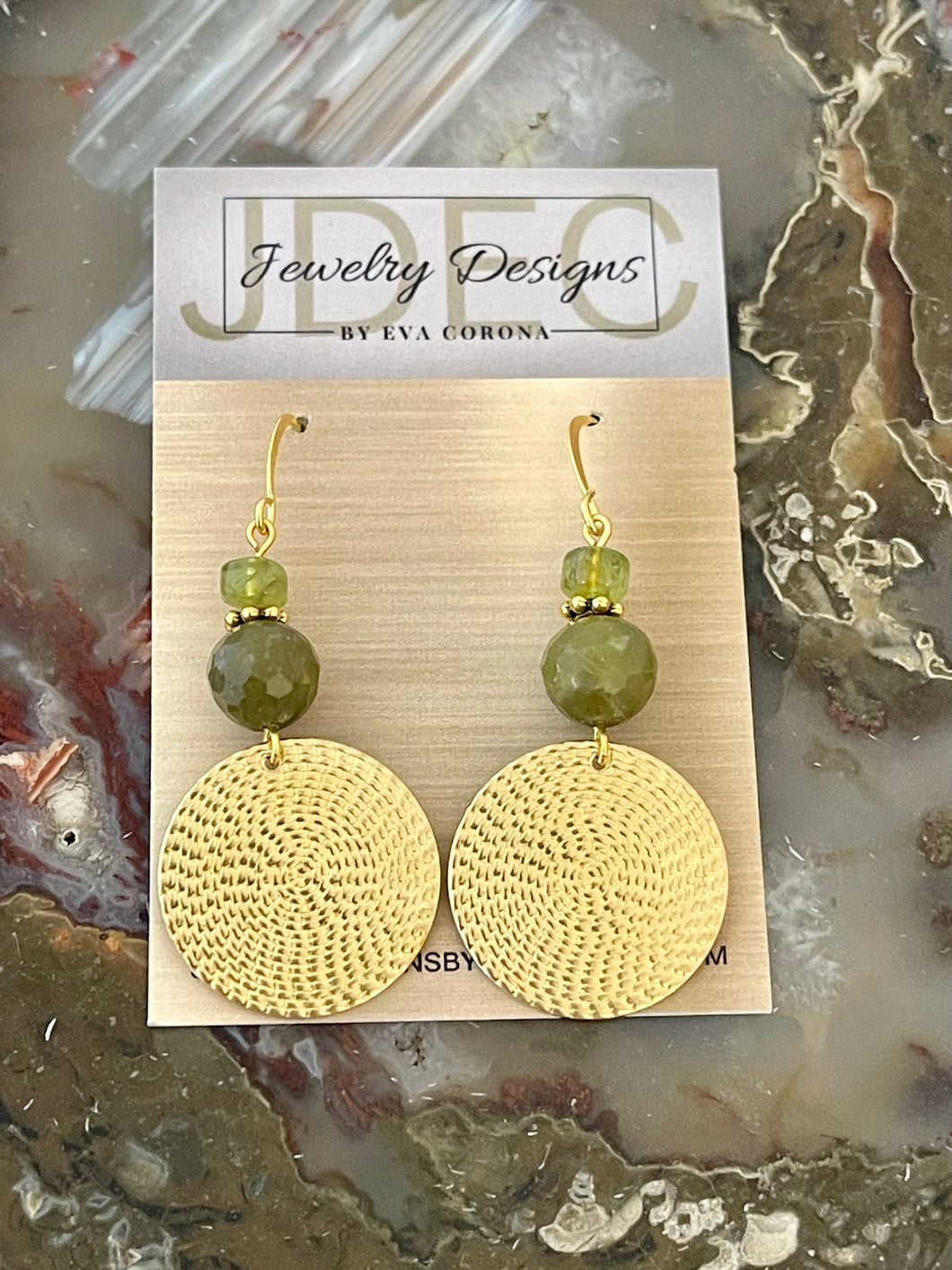 Olive Jade and Peridot earrings with brass charms.