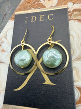 Load image into Gallery viewer, Mint Green Chinese Swarovski Coin Pearl Earrings with Gold Plated Brass Hoop Charms
