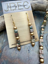 Load image into Gallery viewer, Green and Brown Snake Skin Jasper Stone Cube Shape Beaded Jewelry Set
