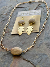 Load image into Gallery viewer, Jasper jewelry set with brass leaf charms
