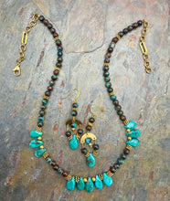 Load image into Gallery viewer, Turquoise Bib Style Necklace Jewelry Set with Chrysocolla Azurite beads
