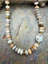 Load image into Gallery viewer, Bamboo Leaf Jasper Stone Beaded Asymmetrical Necklace with Freshwater Pearl Focal
