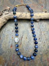 Load image into Gallery viewer, Sodalite Stone Beaded Asymmetrical Necklace with Freshwater Pearl Focal
