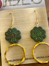 Load image into Gallery viewer, Dark green Czech glass flower earrings
