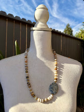 Load image into Gallery viewer, Asymmetric Bamboo Leaf Jasper Stone Statement Jewelry Set with Crazy Lace Agate Focal
