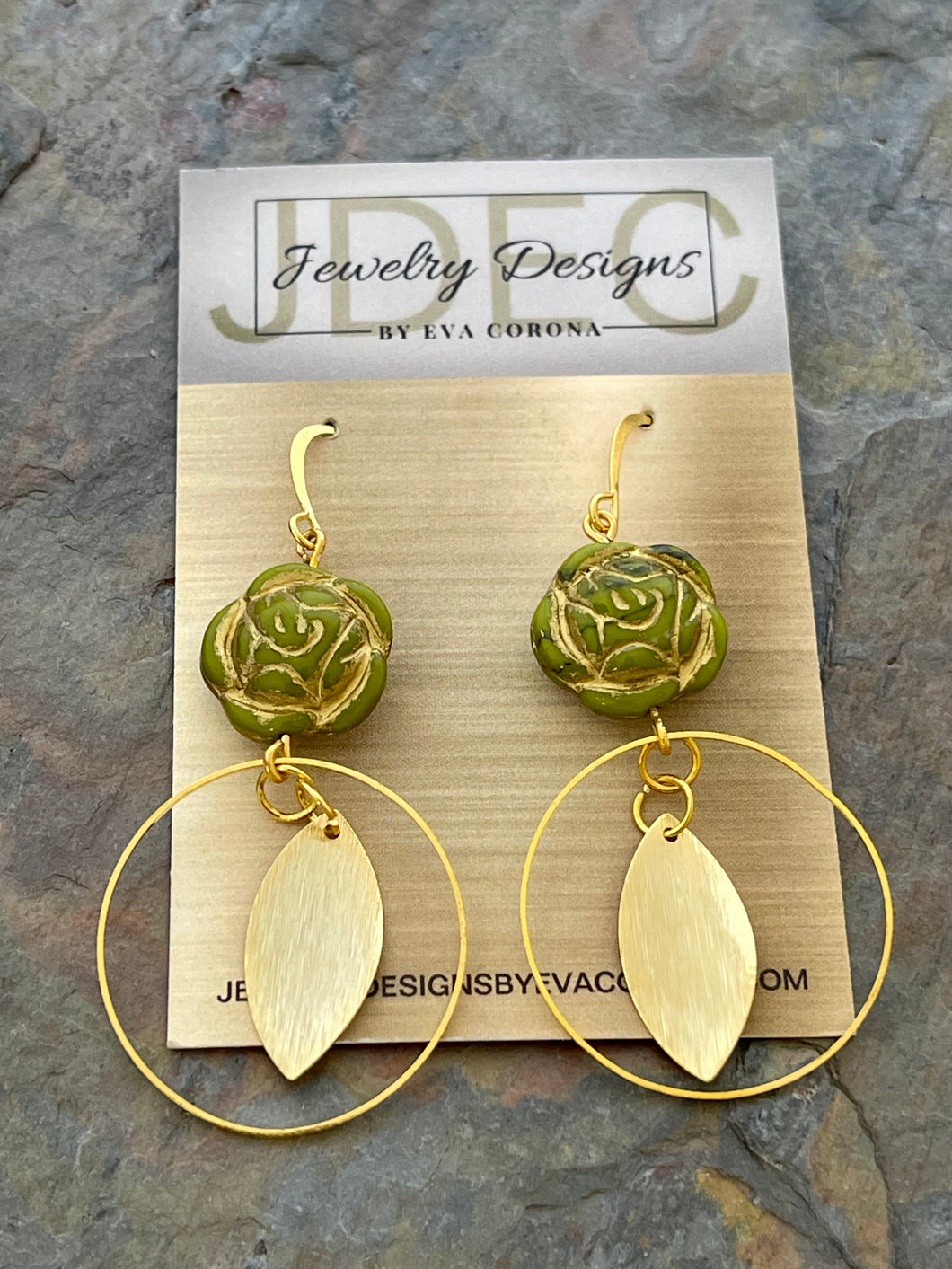 Olive green Czech glass flower earrings with hoop charms