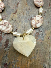 Load image into Gallery viewer, Moonstone Heart Pendant Necklace with Shell and Czech Glass Pearl Beads
