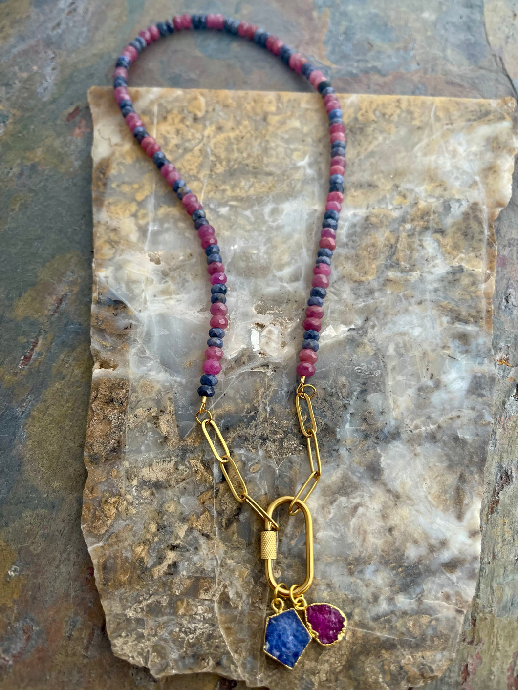 Premium Ruby and Sapphire carabiner necklace with two petite gemstone pendants