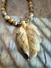 Load image into Gallery viewer, Matte Picture Jasper Stone Jewelry Set with Coral Fossil Carved Leaf Pendant
