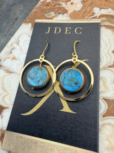 Load image into Gallery viewer, Natural Blue Turquoise Stone Earrings with Gold Plated Brass Hoop Charms
