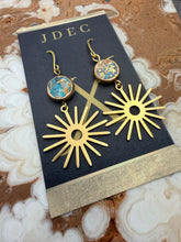 Load image into Gallery viewer, Natural Turquoise with Copper Earrings with Brass Sun Charms
