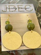 Load image into Gallery viewer, Olive Jade and Peridot earrings with brass charms.
