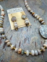 Load image into Gallery viewer, Asymmetric Bamboo Leaf Jasper Stone Statement Jewelry Set with Crazy Lace Agate Focal

