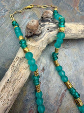 Load image into Gallery viewer, Ammonite Pendant Necklace with Frosted Glass and Fair Trade African Recycled Glass Beads
