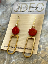 Load image into Gallery viewer, Orange Czech glass beaded earrings with brass charms
