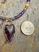 Load image into Gallery viewer, Fluorite Beaded Necklace with Heart Shaped Amethyst Pendant
