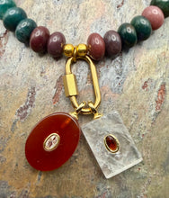 Load image into Gallery viewer, Ocean Jasper Carabiner Necklace with Carnelian and Quartz Interchangeable Pendants
