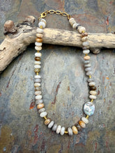 Load image into Gallery viewer, Bamboo Leaf Jasper Stone Beaded Asymmetrical Necklace with Freshwater Pearl Focal
