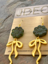 Load image into Gallery viewer, Dark green Czech glass flower statement earrings with bow charms
