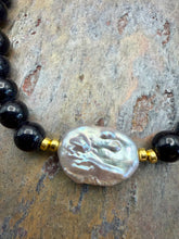 Load image into Gallery viewer, Blue Goldstone Stone Beaded Necklace with Freshwater Pearl Focal
